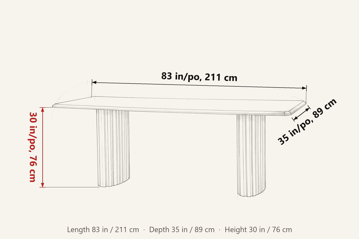 Staffolo dimensions on a pencil sketch of the table: 83 in long, 35 in deep, 30 in high