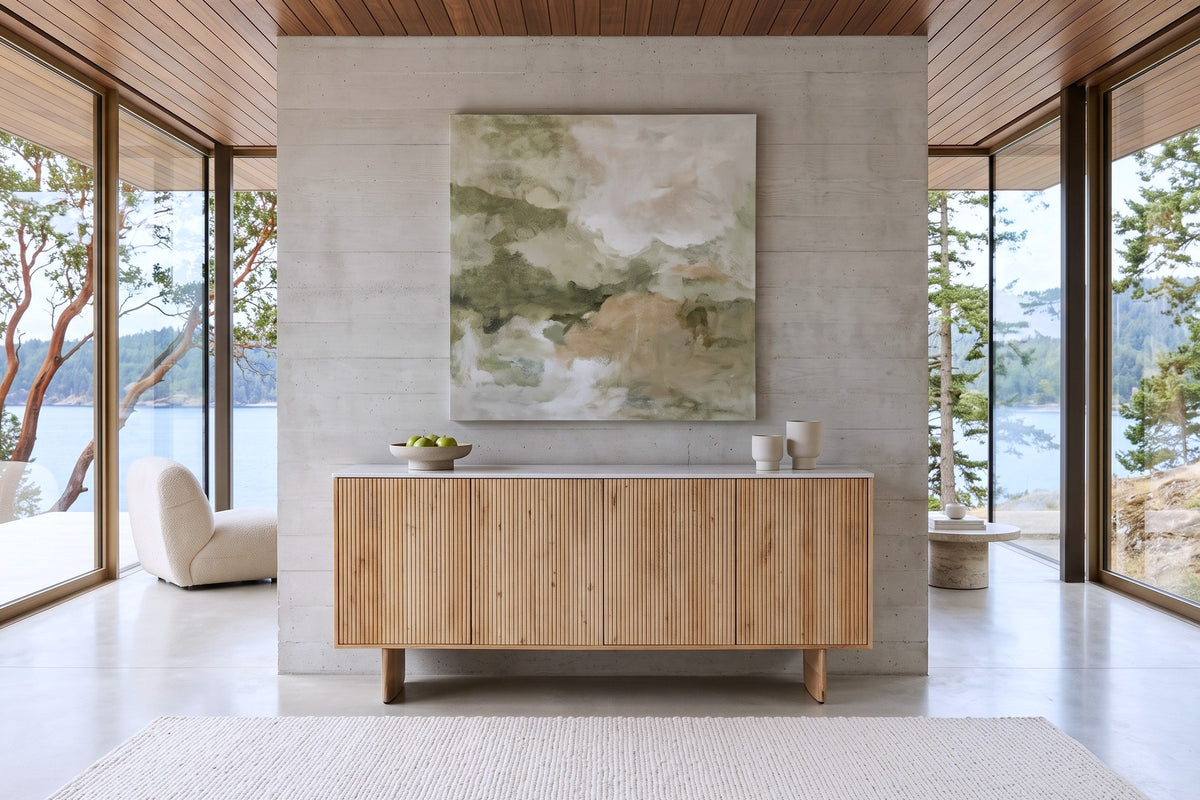 Staffolo sideboard in Natural against a board-formed concrete wall in a Mill Bay house