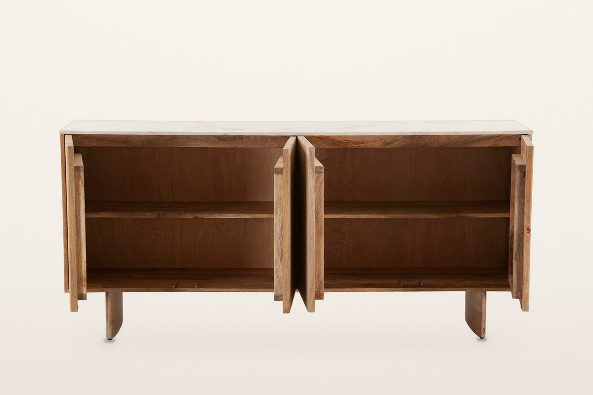 Staffolo sideboard in Natural with all four doors open on a warm white studio backdrop, showing two compartments