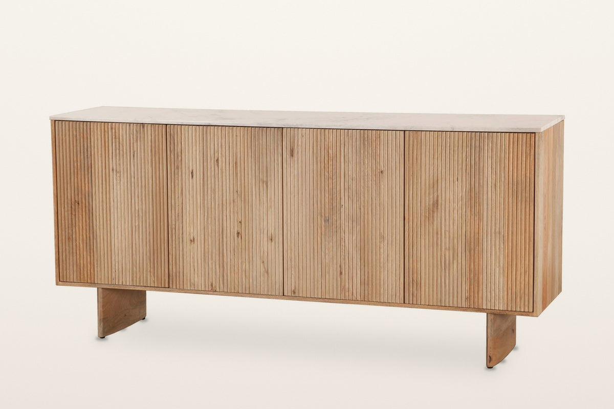 Staffolo reeded mango sideboard in Natural with a white marble top