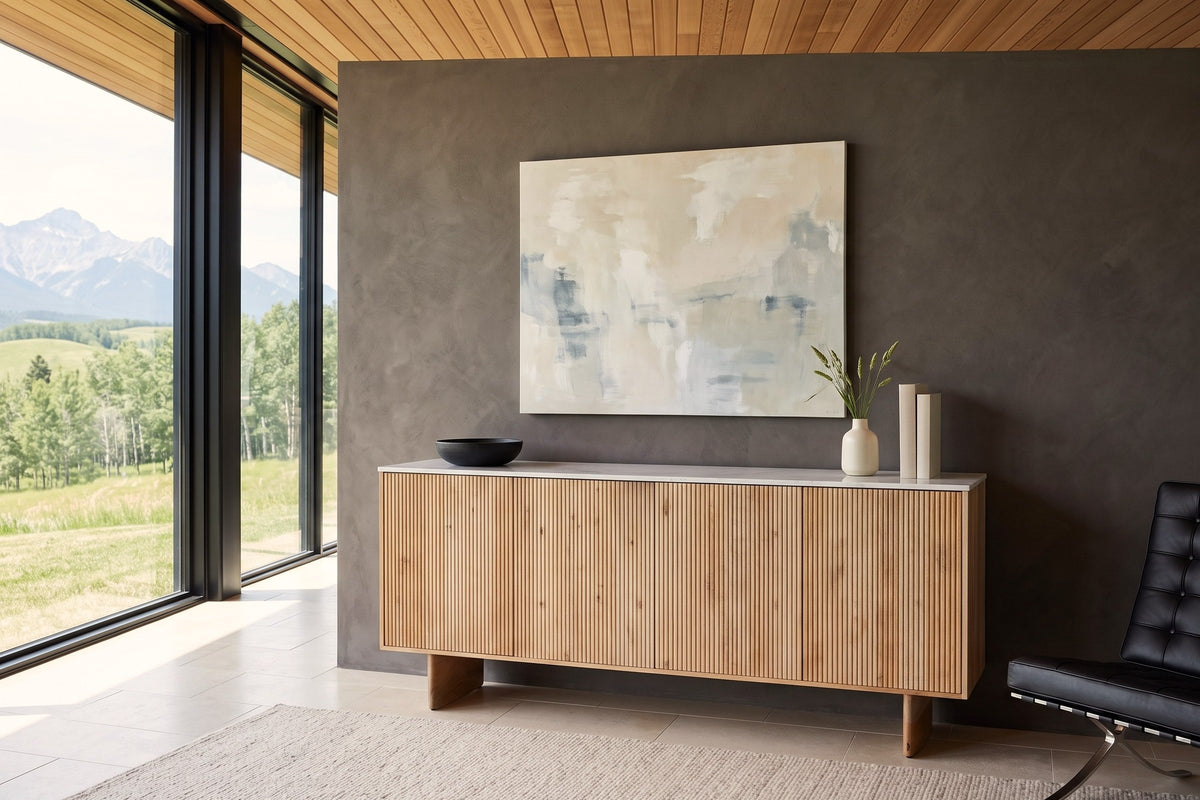 Staffolo sideboard in Natural against a charcoal limewash wall in a Turner Valley ranch house