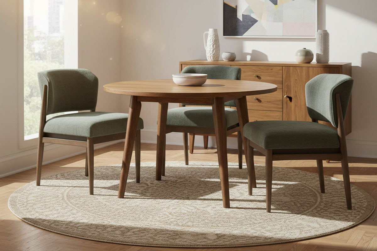 Sutton olive chenille chairs at a round table in a bright dining room