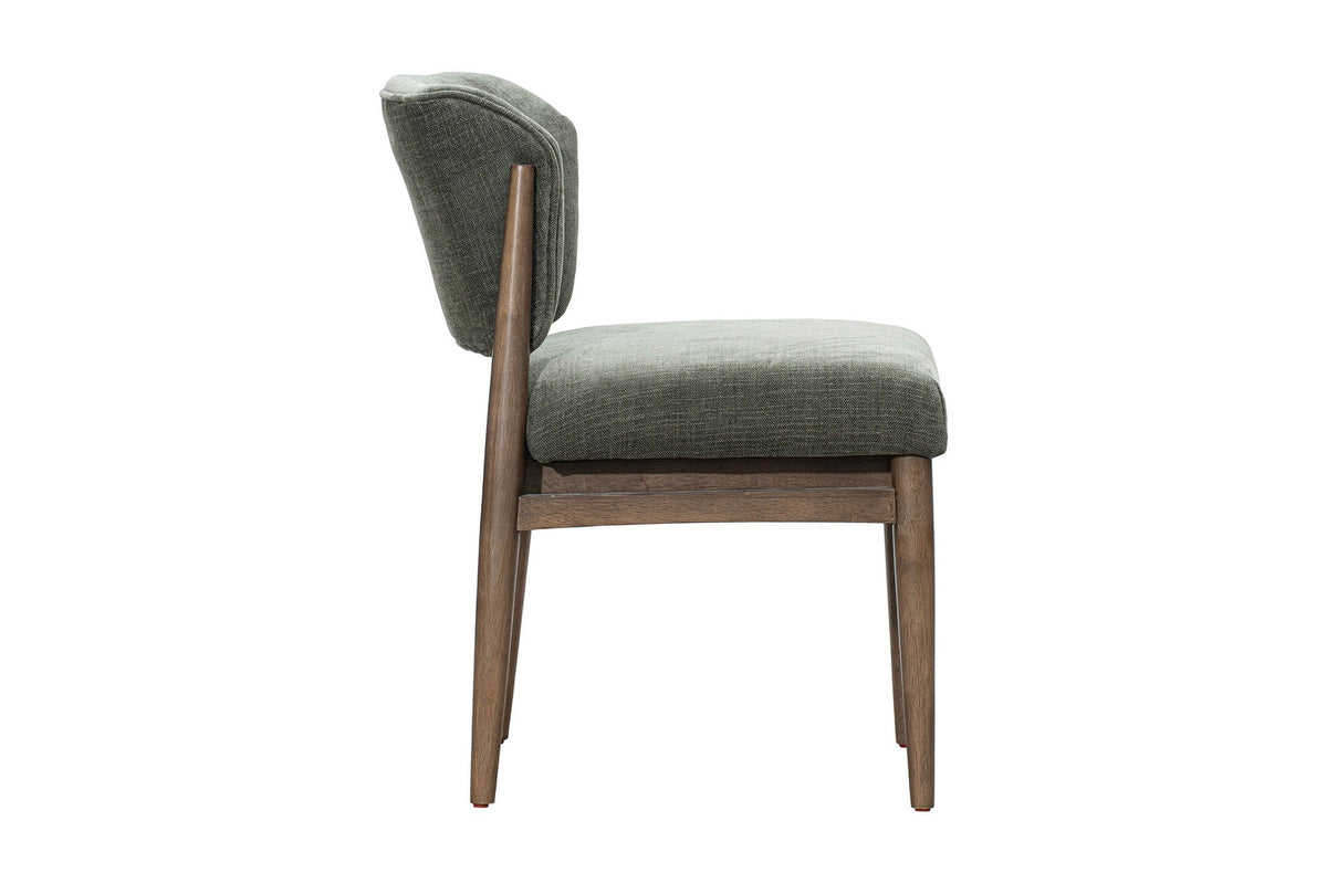 Sutton olive chenille dining chair, side profile of the curved back
