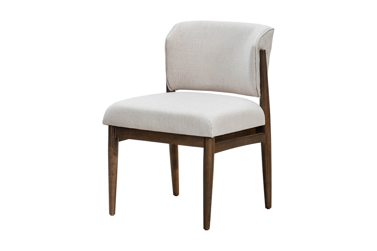 Sutton armless dining chair in linen taupe with chestnut legs, three-quarter view