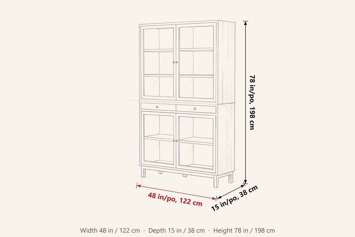 Suvereto dimensions on a pencil sketch of the cabinet: 48 in wide, 15 in deep, 78 in high