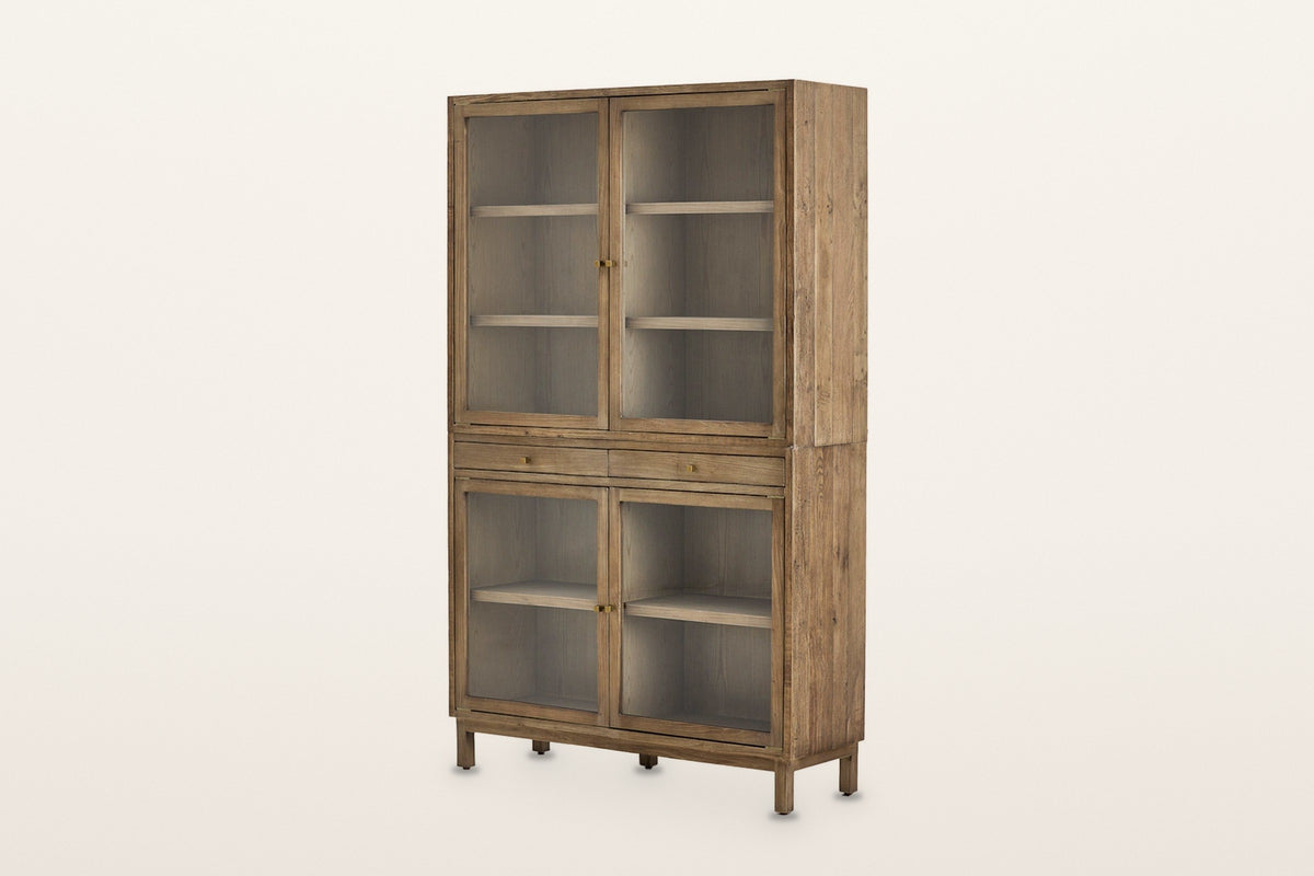 Suvereto glass door pine display cabinet in Smokey Grey