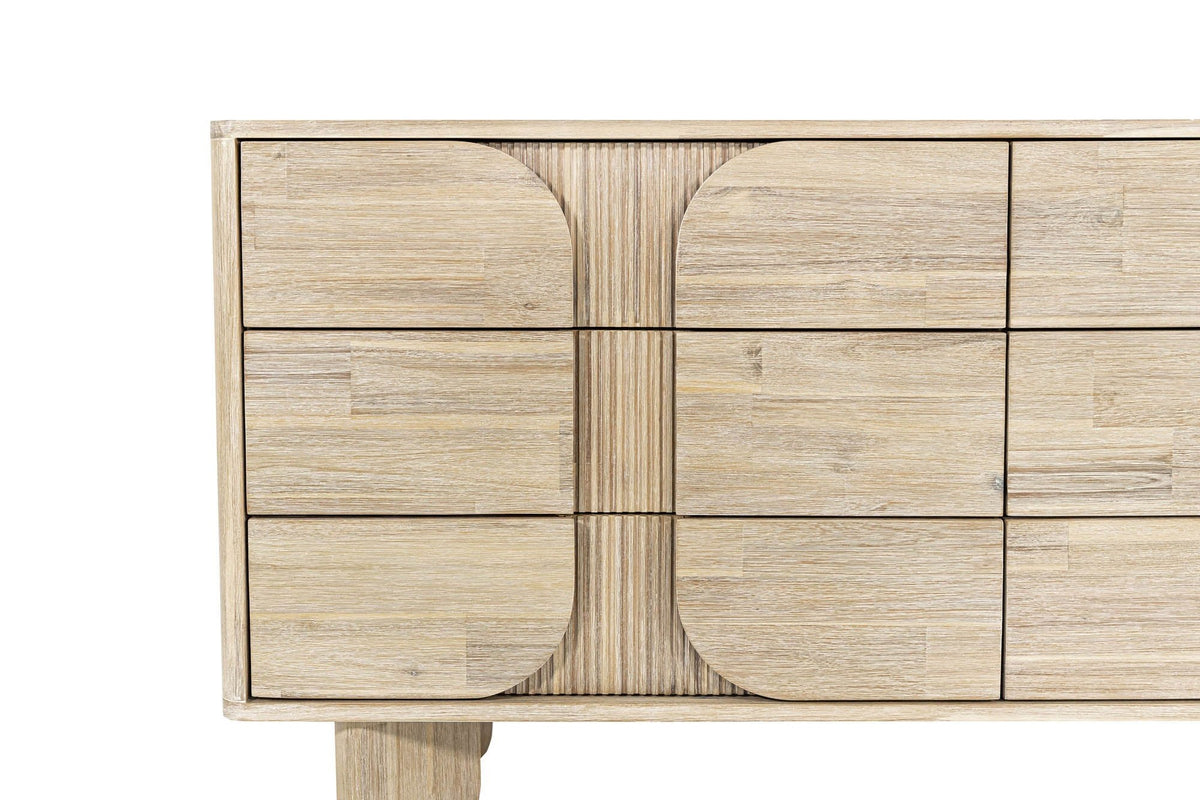 Close-up of Sylvan rounded drawer panels and reeded trim
