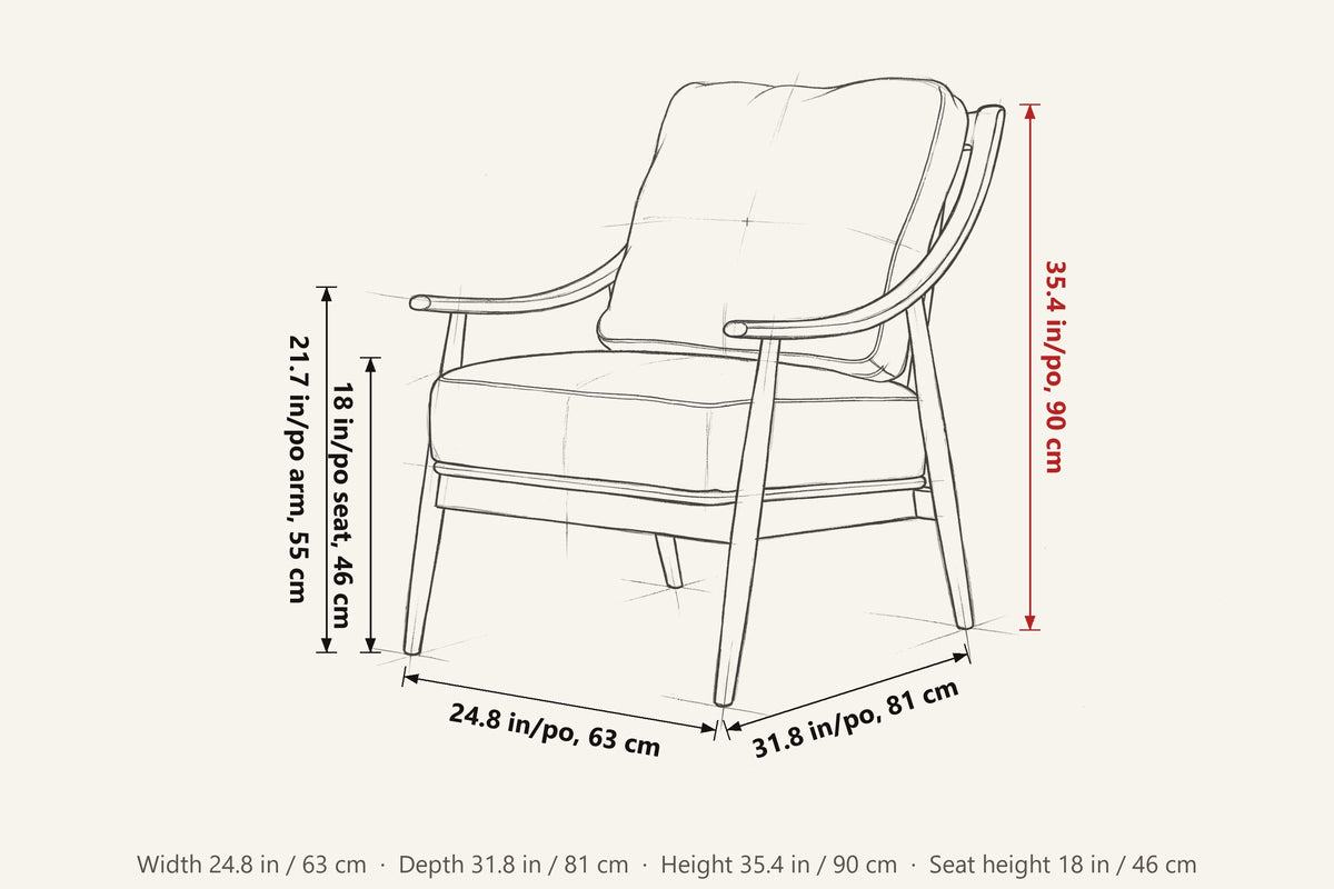 Tagliacozzo dimensions on a pencil sketch of the chair: 24.8 in wide, 31.8 in deep, 35.4 in high, seat height 18