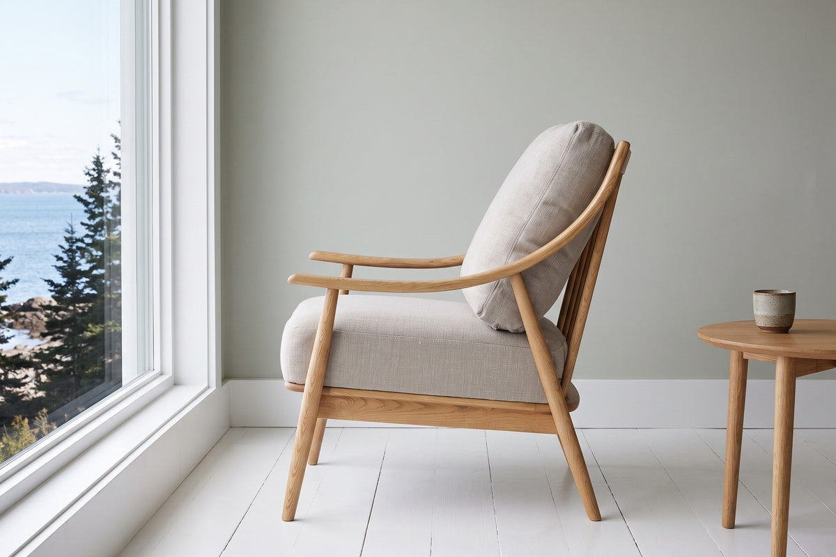 Tagliacozzo accent chair in side profile in a Campobello Island house