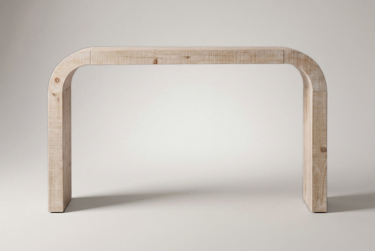 Tarvisio console table in natural, straight front view: one thick band that bends down into two slab legs