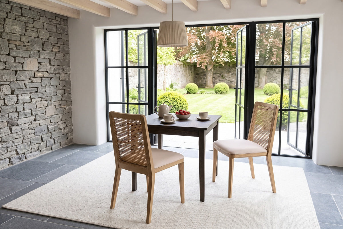 Two Teggiano dining chairs in Natural at a small square smoked-oak table in a Kinsale garden house, seen from above
