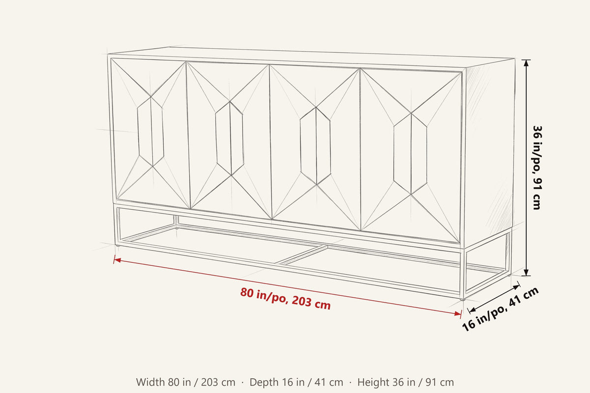 Tellaro dimensions on a pencil sketch of the sideboard: 80 in wide, 16 in deep, 36 in high