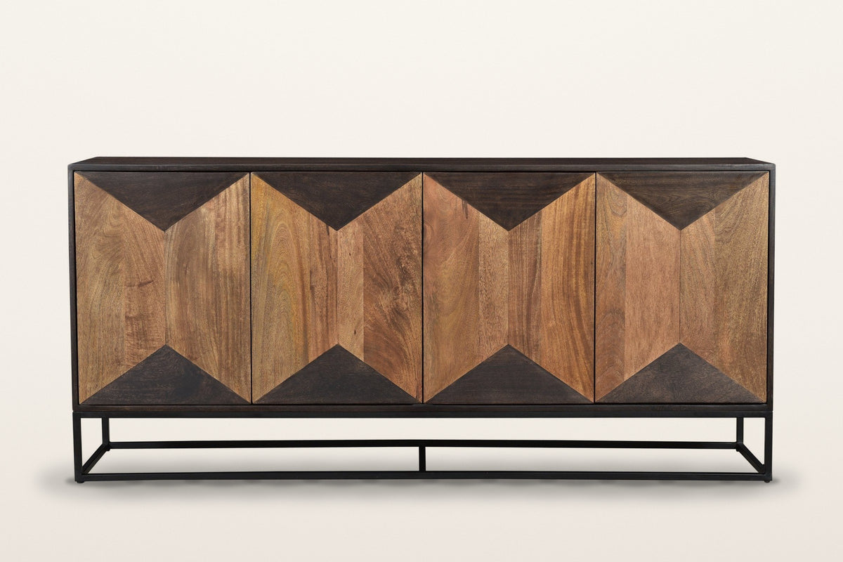 Tellaro sideboard in Walnut and Teak, straight front view on a warm white studio backdrop: four doors