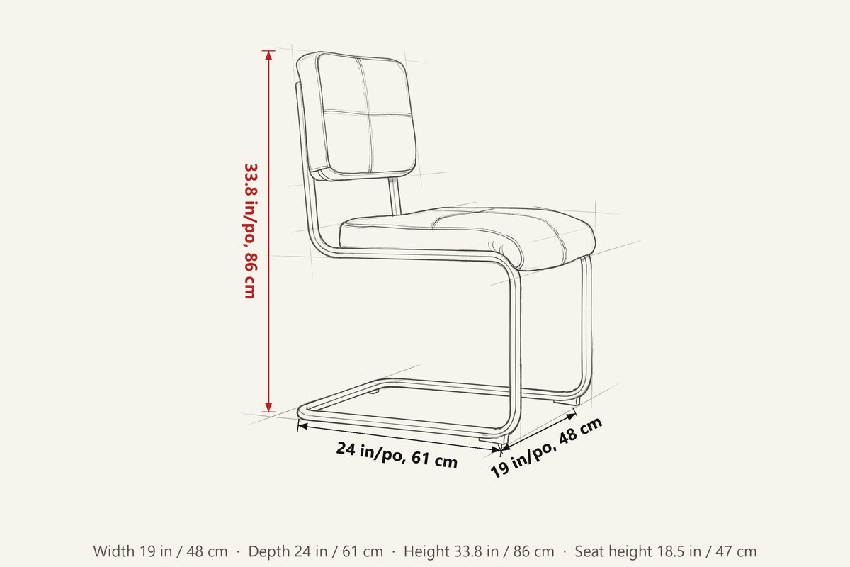 Tenno dimensions on a pencil sketch of the chair: 33.8 in high, 19 in wide, 24 in deep, seat height 18.5 in