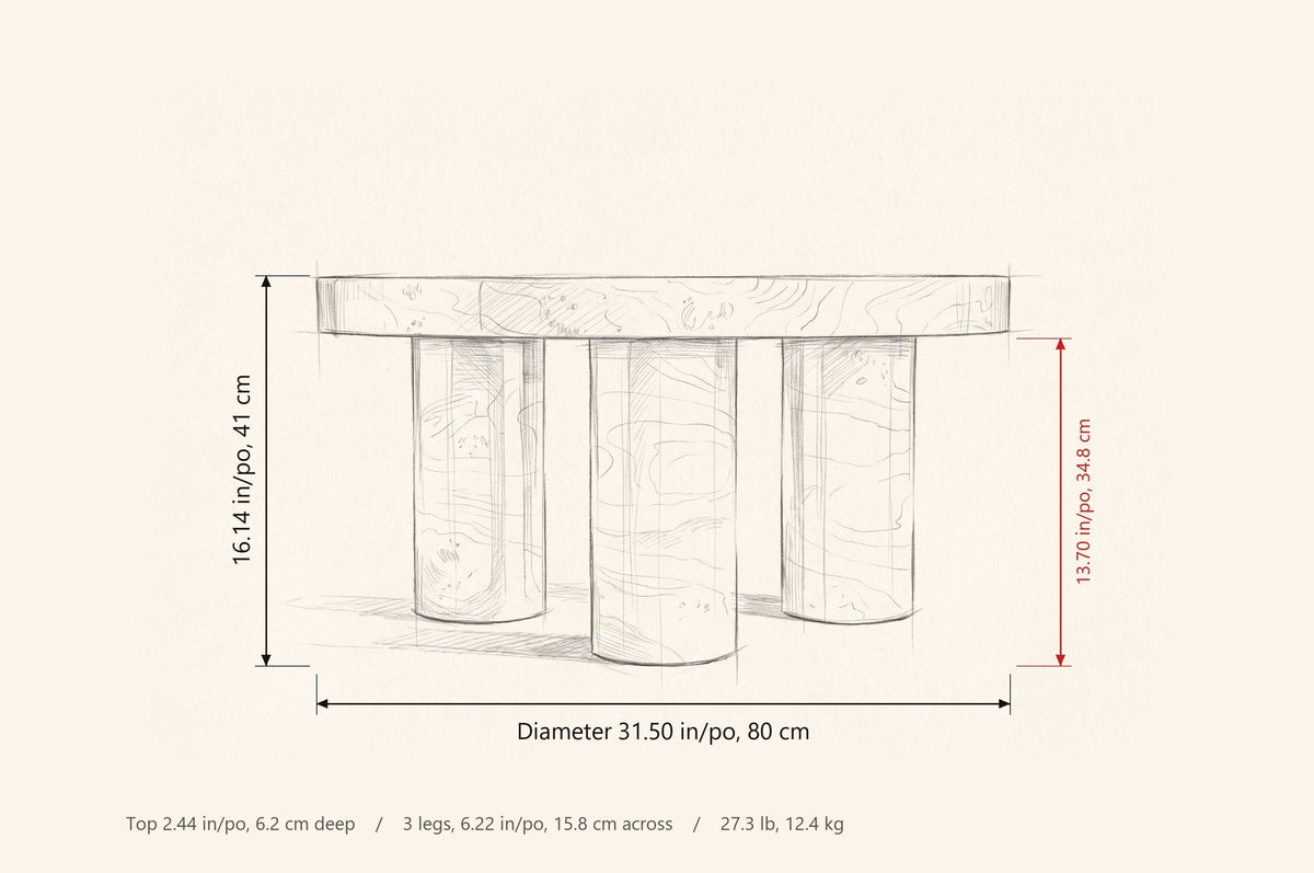 Teramo dimensions: 31.50 in across, 16.14 in high, 13.70 in from the floor to the underside of the top
