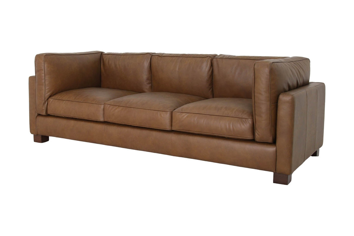 Thatcher top-grain leather track arm sofa in Antique Sienna, three-quarter view