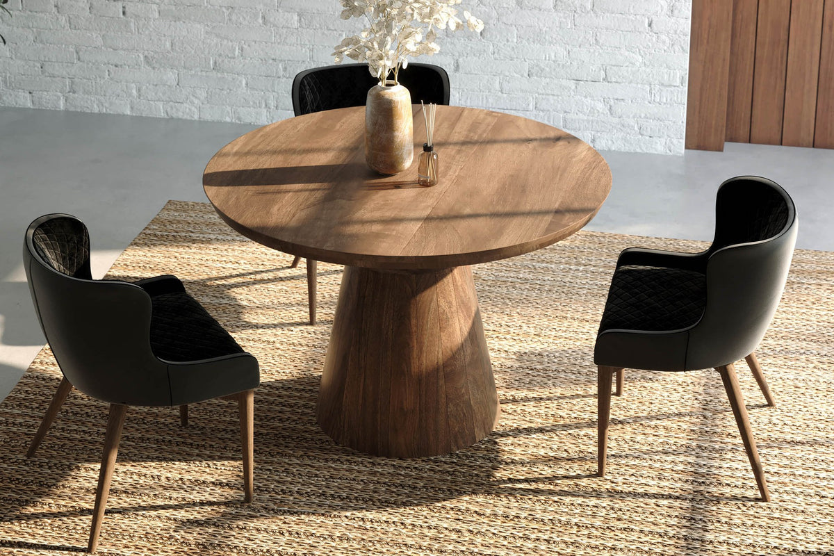Thorne coffee brown acacia table with three black upholstered chairs on a jute rug