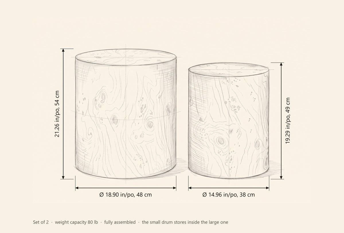 Tirano dimensions: large drum 18.90 in across and 21.26 in high, small drum 14.96 in across and 19.29 in high