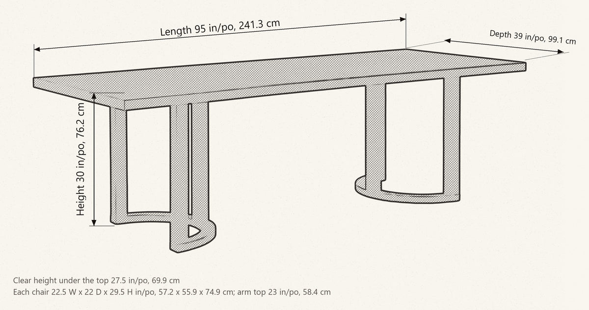 Tolmezzo dimensions: table 95 inches long, 39 inches deep, 30 inches high, 27.5 inches clear under the top