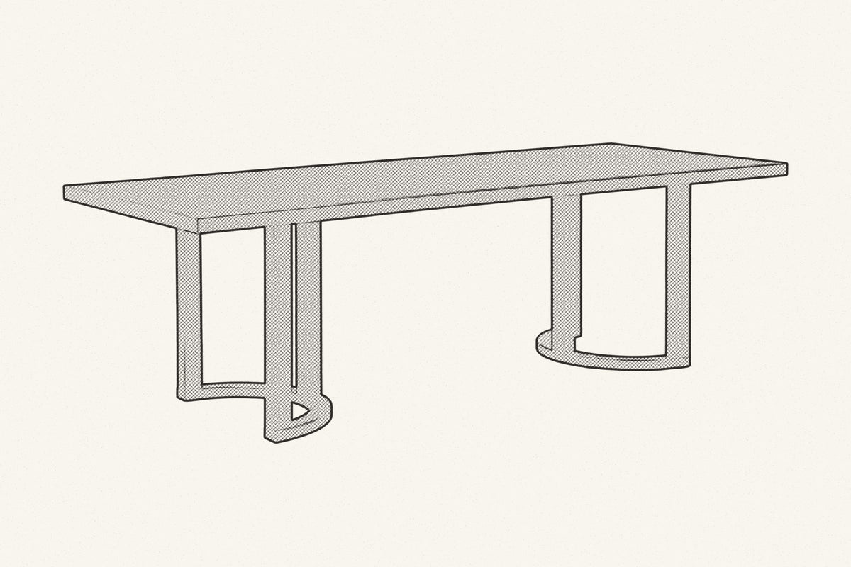 Pencil drawing of the Tolmezzo dining table on its two trestle bases, three-quarter view