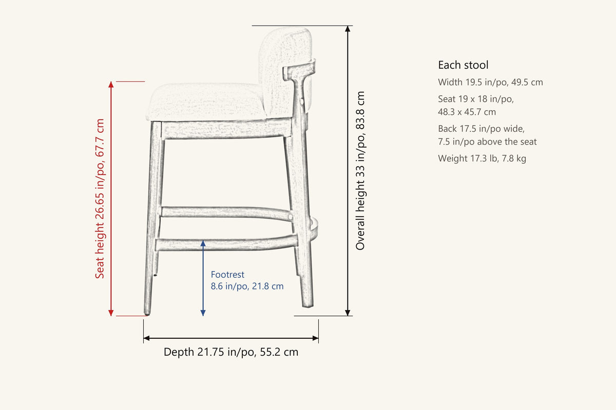 Torgiano counter stool dimensions: 33 in high, seat height 26.65 in, depth 21.75 in, footrest 8.6 in, width 19.5 in