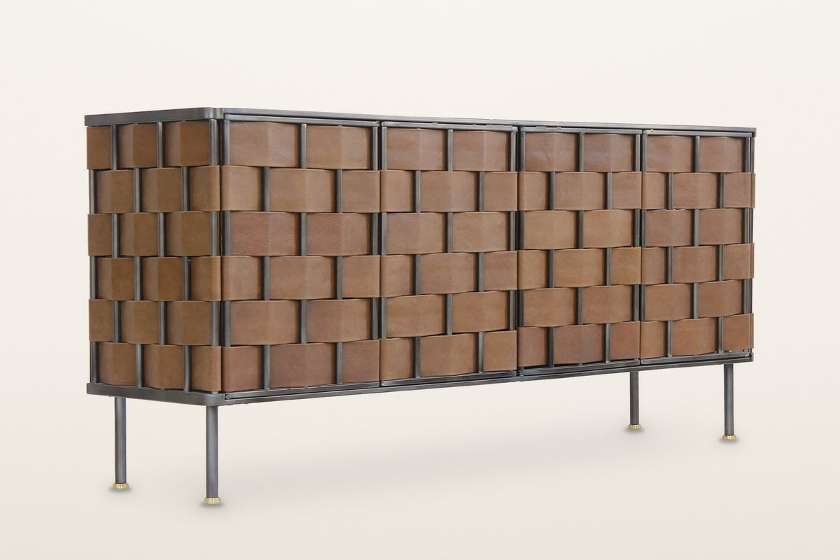 Trequanda sideboard in Brown from the other front corner, low view on a warm white studio backdrop
