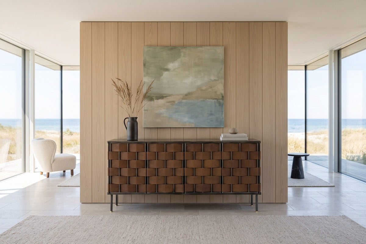 Trequanda sideboard in Brown, front view, against an oak panel wall in a Ystad house in Skane