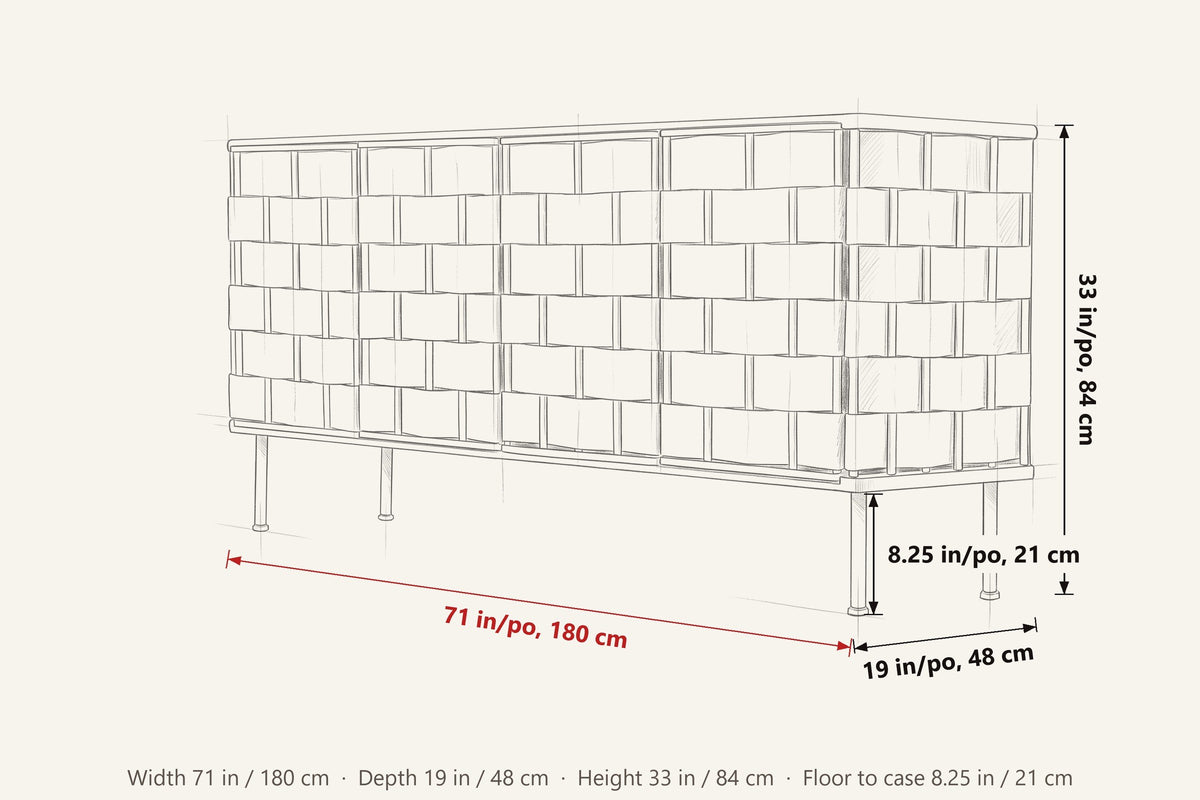 Trequanda dimensions on a pencil sketch of the sideboard: 71 in wide, 19 in deep, 33 in high