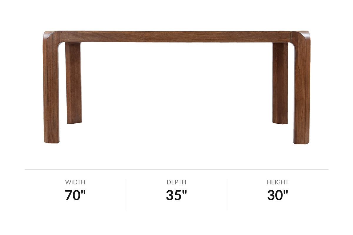 Tristan mango wood dining table front view with inch dimensions