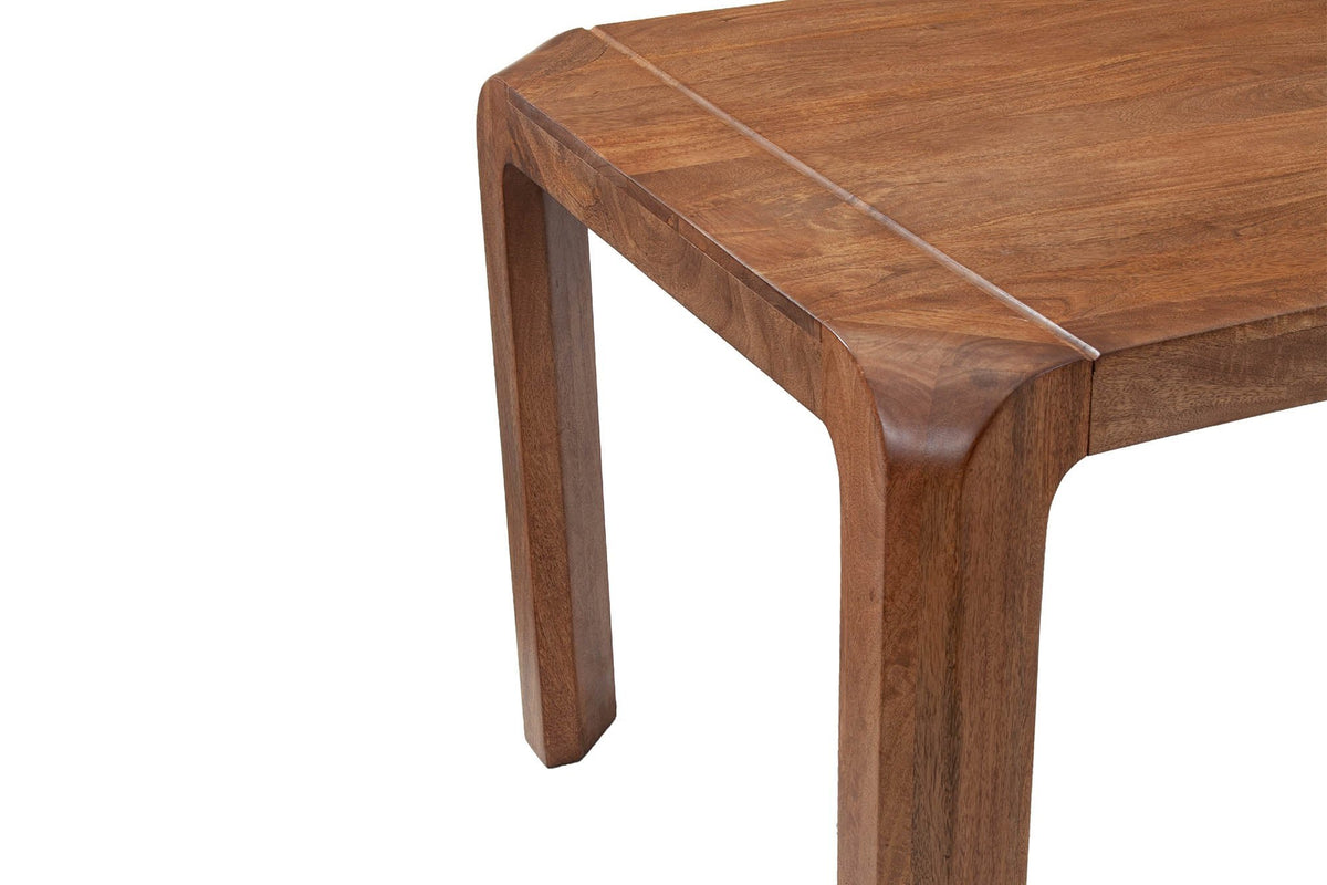 Close-up of Tristan rounded corner leg and breadboard-style end in brown mango wood