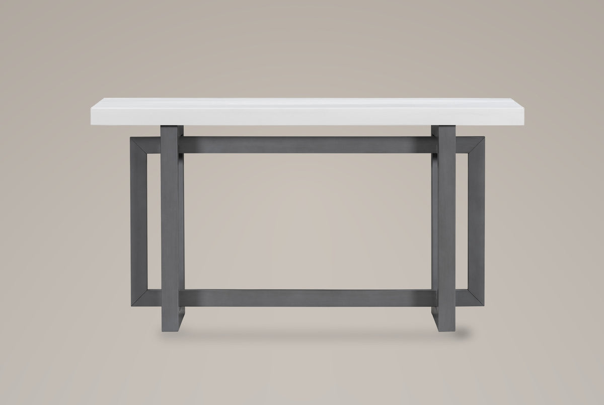 Urbania console table in Dark Gray + White, front view: a thick white top over two dark gray posts and three rectangular open