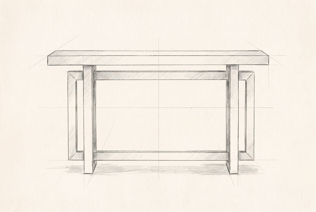 Pencil drawing of the Urbania console table traced from the front view