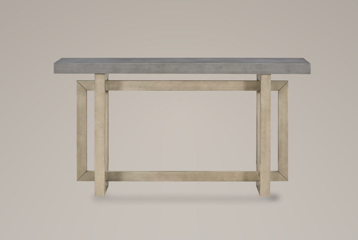 Urbania console table in Gray, front view: a thick gray top over two light pine-tone posts and three rectangular openings