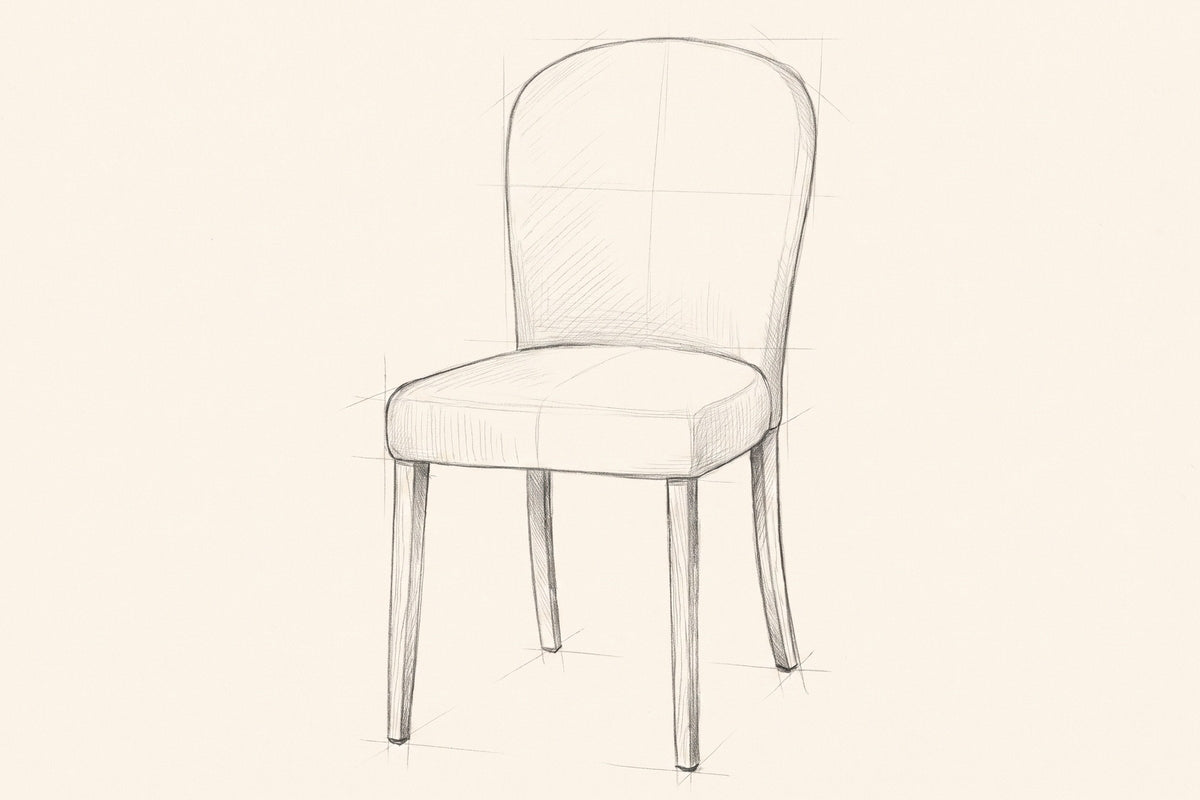 Pencil sketch of the Usseglio dining chair, three-quarter view
