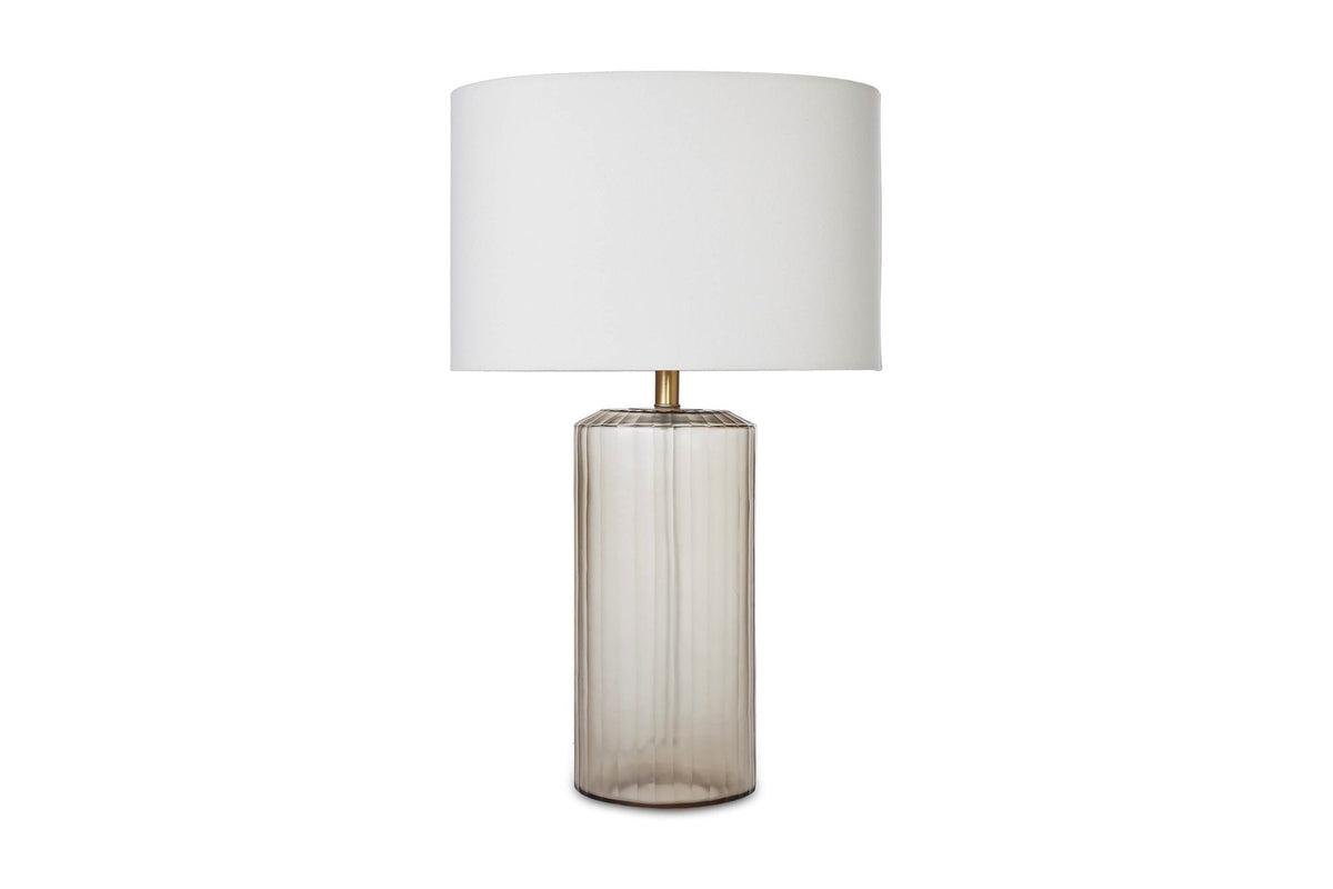 Valeria ribbed frosted glass table lamp with oval cotton shade, front view