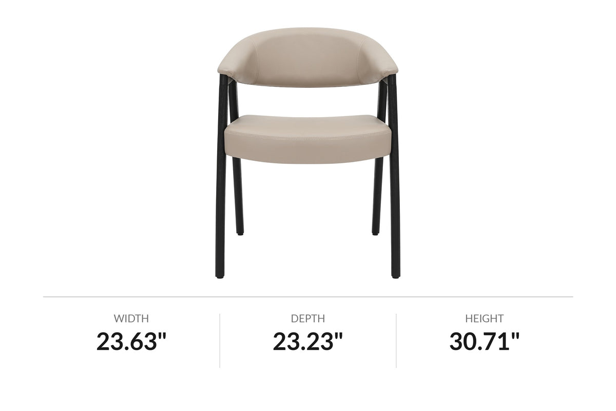 Vance mushroom faux leather dining armchair, front view with dimensions