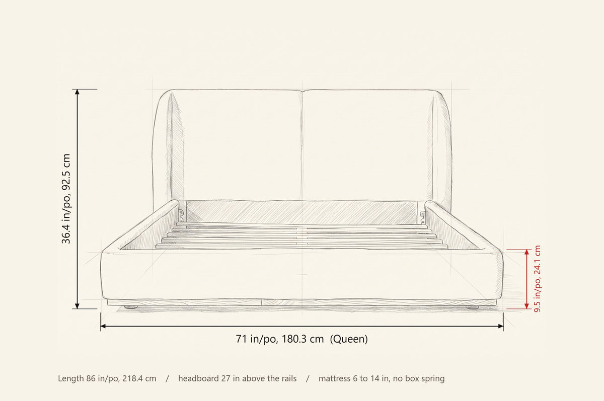 Varenna bed dimensions: Queen 71 in wide, 36.4 in high, rails 9.5 in high, 86 in long
