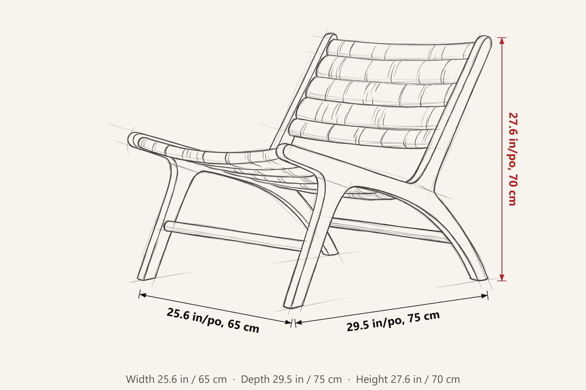 Varigotti dimensions on a pencil sketch of the chair: 25.6 in wide, 29.5 in deep, 27.6 in high