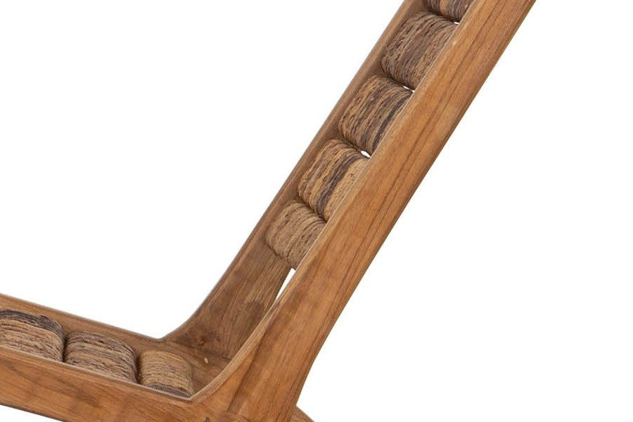 Close-up of the Varigotti side: the reclaimed teak back post meeting the rail, the abaca roll ends between