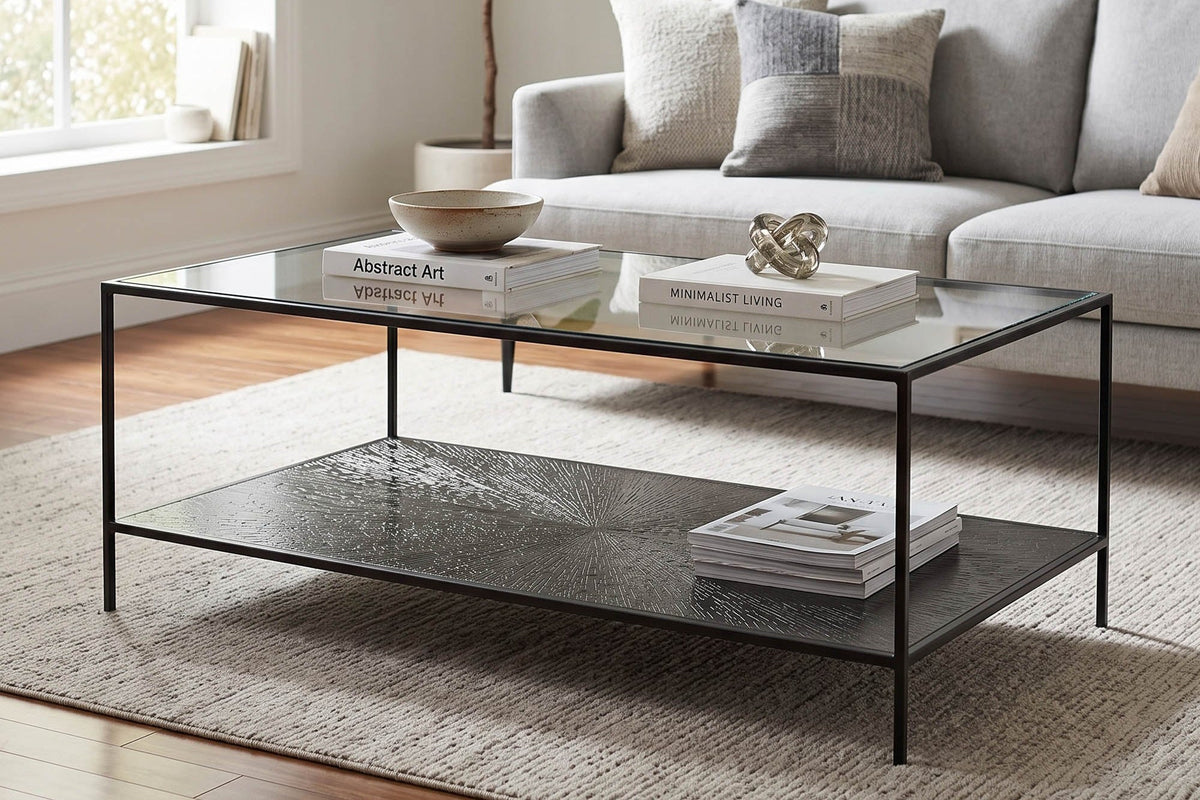 Vaughn glass coffee table in a bright living room in front of a light grey sofa