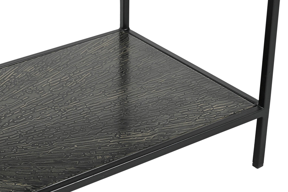 Vaughn console table lower shelf corner with slim black iron legs