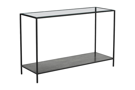 Vaughn Glass and Black Iron Console Table - Iron Lines, Glass Surface