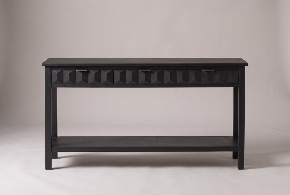 Velletri console table in black, straight front view: three honeycomb drawers with iron pulls, square legs and a low shelf