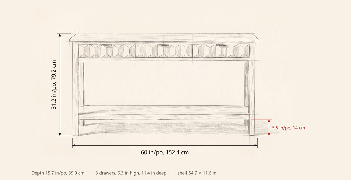 Velletri dimensions: 60 in wide, 31.2 in high, 15.7 in deep, shelf 5.5 in off the floor
