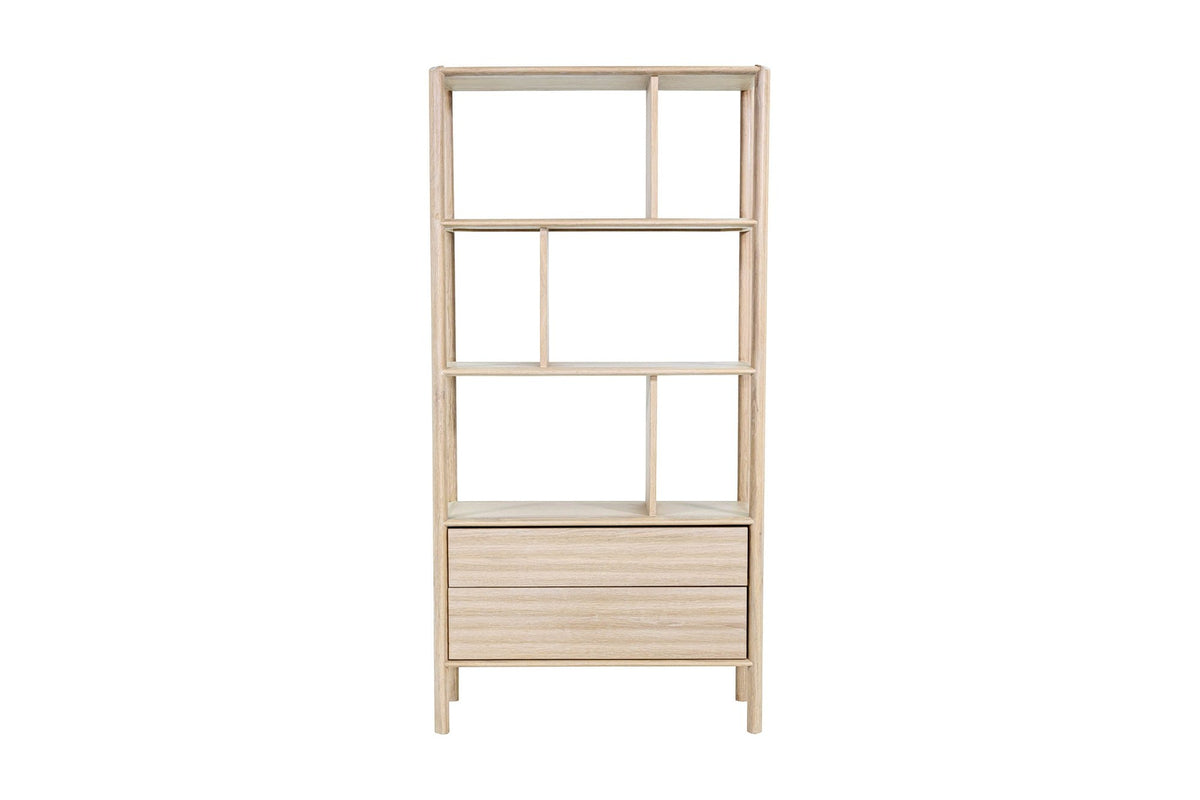 Vesper bookcase, front view with staggered shelf dividers
