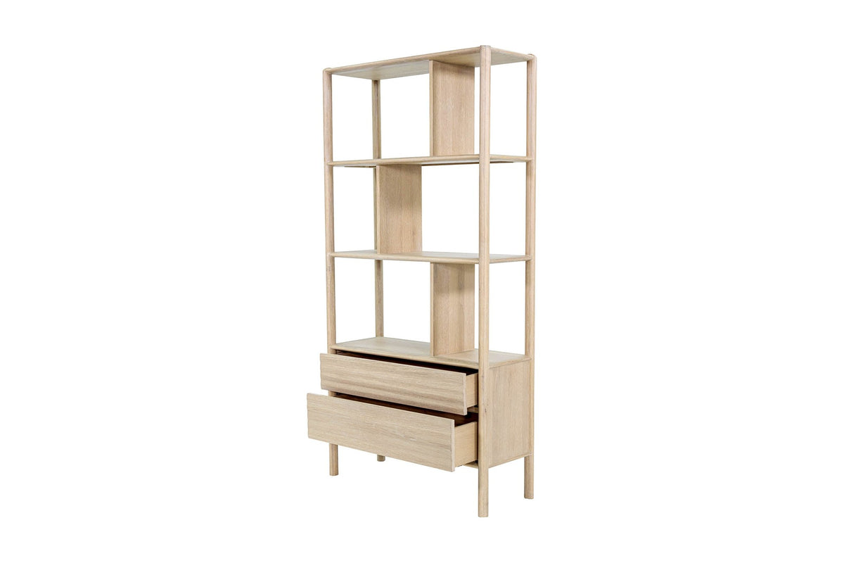 Vesper bookcase with both drawers pulled open