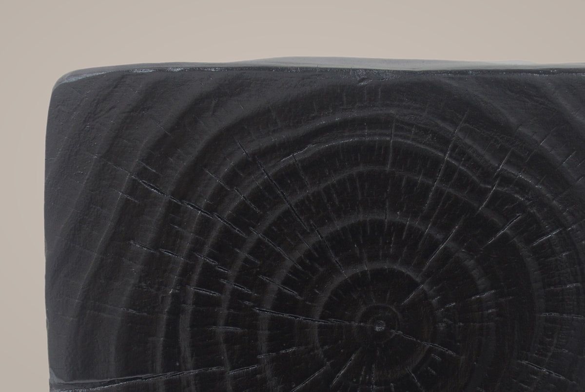 Close-up of the Black top corner: cast tree rings and radial cracks in charcoal black, the rounded edge