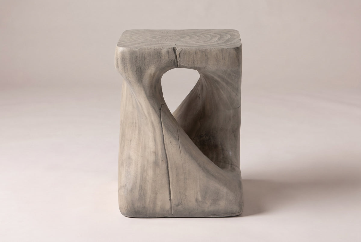 Vicenza side table in Grey, straight front view: a teardrop opening and one band running corner to corner