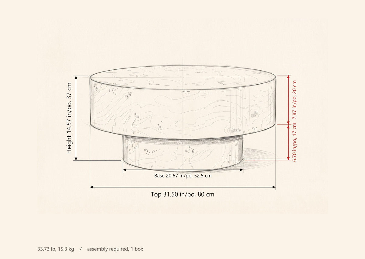 Vieste coffee table dimensions: top 31.50 in across, base 20.67 in across, 14.57 in high, top drum 7.87 in deep, base 6.70 in tall