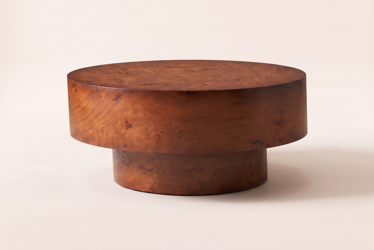 Vieste coffee table, low side view: a wide round top drum on a narrower round base